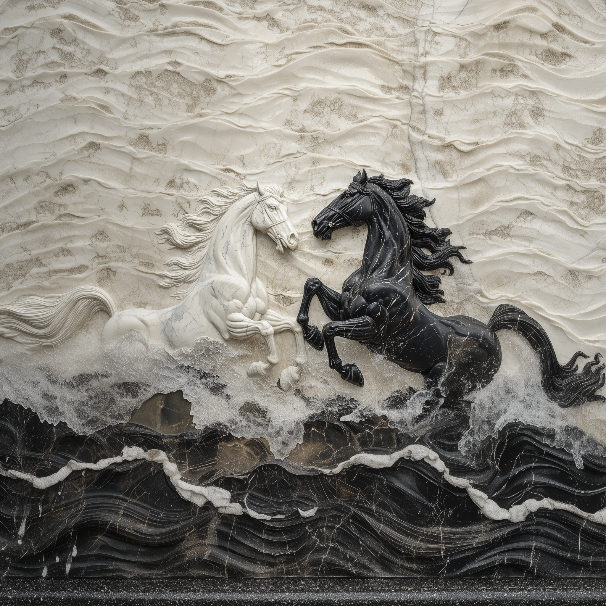 High-relief marble sculpture of black and white horses, symbolizing strength and elegance in custom marble and stone design in UAE.