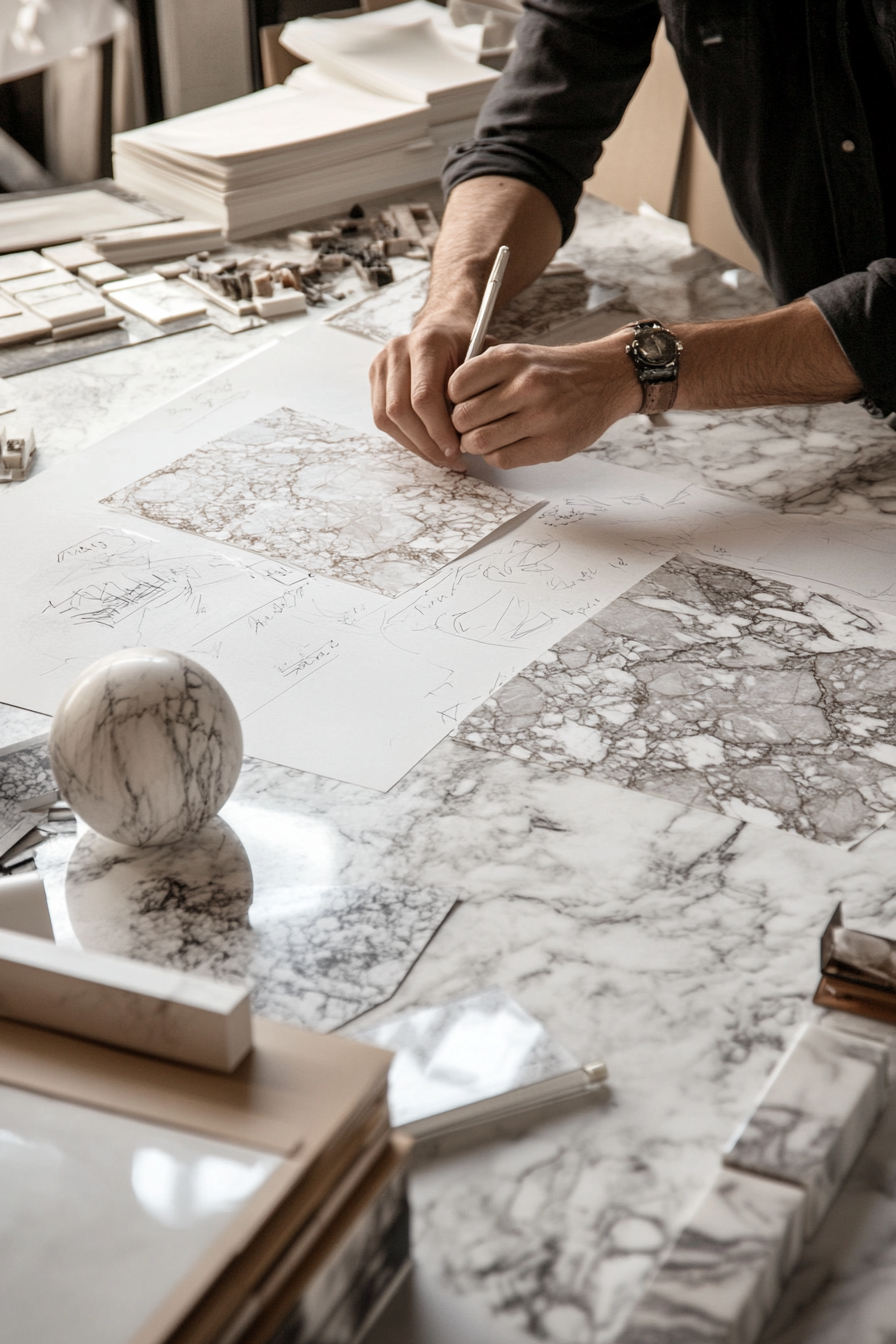 Custom marble and stone design process, showcasing precision craftsmanship for luxury interiors in UAE.